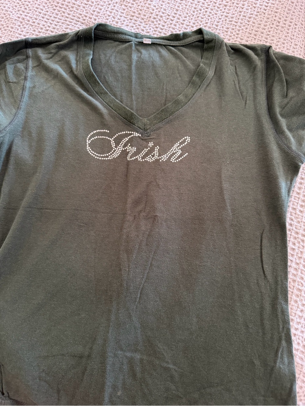Green V-neck Tee with 'Irish' Rhinestone Script